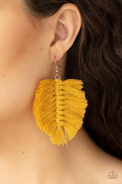 Paparazzi Knotted Native Yellow Macrame Knotted Thread Tassel Earrings