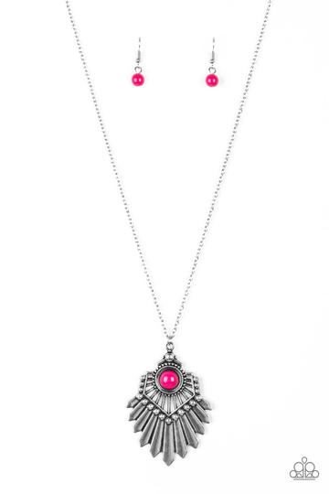 Paparazzi Inde-PENDANT Idol - Pink Bead - Silver Pendant - Necklace & Earrings