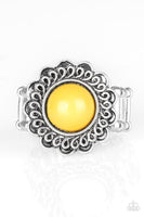 Paparazzi Garden Stroll - Yellow Bead - Silver Floral Frame Swirling Detail - Ring