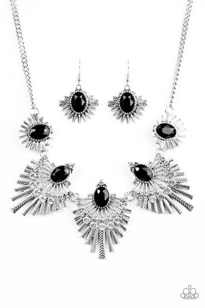 Paparazzi Miss You-niverse Black - Silver Necklace and matching earrings