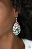 Paparazzi Hustle and Bustle - Multi - Pink, Green & Blue Rhinestones - Silver Teardrop Filigree Earrings
