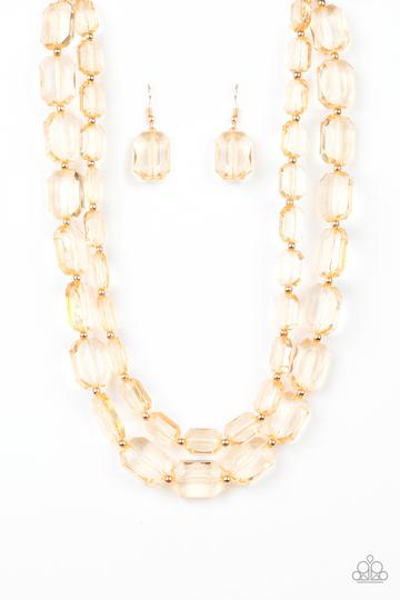 Paparazzi Ice Bank - Gold Emerald Cut - Acrylic Necklace and matching Earrings