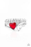 Paparazzi Always Adored - Red - White Heart Shaped Rhinestones - Silver Dainty Band Ring - The Jewelry Box Collection 
