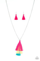 Paparazzi Triple The Tassel - Multi - Pink, Yellow and Blue Thread - Fringe Tassel Necklace and matching Earrings