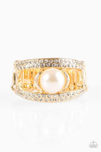 Paparazzi Bank Run - Gold - White Pearl - White Rhinestones - Ring - The Jewelry Box Collection 
