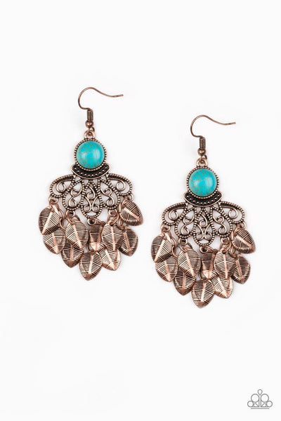 Paparazzi A Bit On The Wildside - Copper - Turquoise Stone - Leaves Cascade - Earrings - The Jewelry Box Collection 