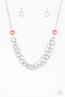 Paparazzi Daring Diva - Orange / Coral Pearl - Silver Necklace and matching Earrings