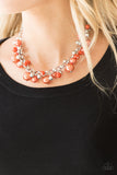 Paparazzi The Upstater - Orange Pearls - Silver Beads - Silver Chain Necklace and matching Earrings