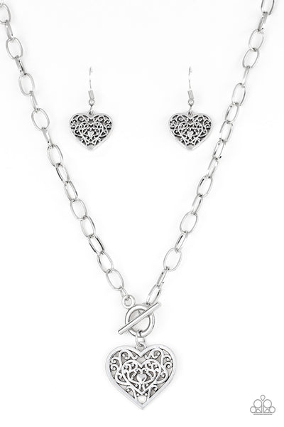 Paparazzi Victorian Romance Silver Heart necklace with matching earrings