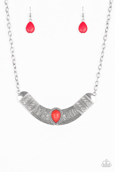 Paparazzi Very Venturous - Red - Floral and Tribal Inspired Shimmer Silver Necklace