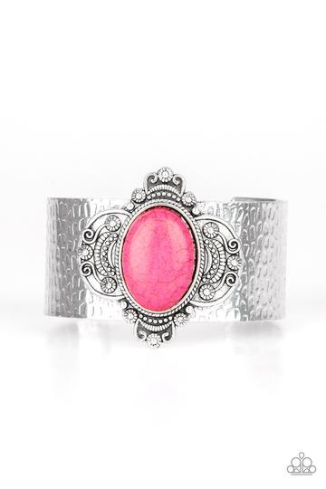 Paparazzi Yes I CANYON - Pink Stone - Silver Hammered Cuff Bracelet