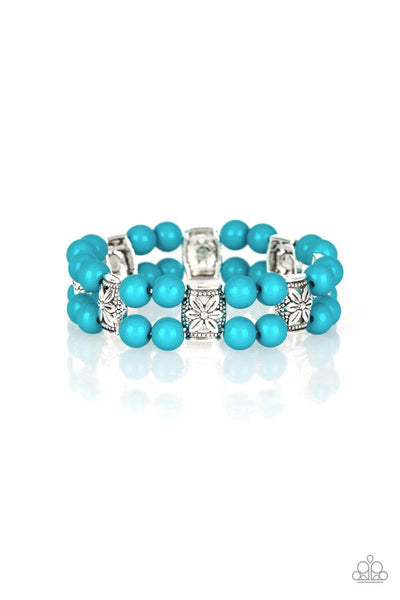 Paparazzi Daisy Debutante Blue Floral Silver Frames - Stretchy Band Bracelet - The Jewelry Box Collection 