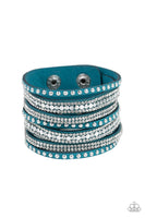 Paparazzi All Hustle and Hairspray - Blue - Thick Suede Band - White Rhinestones - Snap Bracelet - The Jewelry Box Collection 