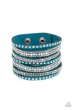Paparazzi All Hustle and Hairspray - Blue - Thick Suede Band - White Rhinestones - Snap Bracelet - The Jewelry Box Collection 