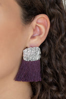 Paparazzi Plume Bloom - Purple - Thread / Fringe / Tassel - Hammered Silver Frame - Post Earrings