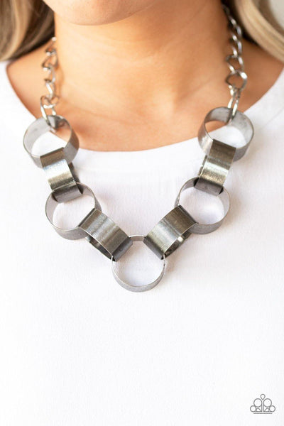Paparazzi Big Hit Silver Links connect below the collar - Bold Necklace and matching Earrings - The Jewelry Box Collection 