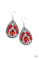 Paparazzi Candlelight Sparkle - Red - White Rhinestones - Silver Teardrop - Earrings - The Jewelry Box Collection 