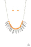 Paparazzi Desert Plumes - Orange Stone - Silver Feathers - Necklace and matching Earrings