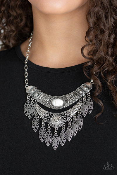 Paparazzi Island Queen White Stone - Silver Hammer, Studded, Embossed Filigree Necklace and matching Earrings