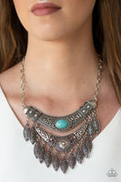 Paparazzi Island Queen - Blue - Turquoise Stone - Silver Hammer, Studded, Embossed Filigree Necklace and matching Earrings