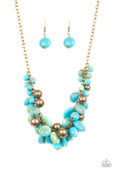 Paparazzi Full Out Fringe - Blue - Acrylic Beads - Antiqued Brass Beads and Chain Necklace, Matching Earrings