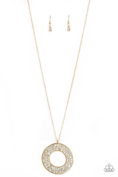 Paparazzi Bad HEIR Day - Gold - White Rhinestones - Round Pendant - Necklace and matching Earrings - The Jewelry Box Collection 