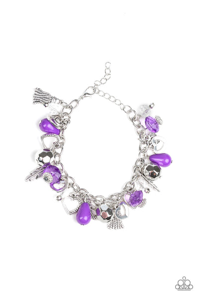 Paparazzi Charmingly Romantic - Purple Teardrop - Silver Charms - Hearts, Leaf, Feathers - Bracelet