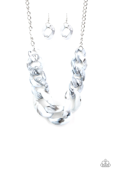 Paparazzi Silver-HAUTE Mama - White - Faux Marble Acrylic Links - Silver Chain Necklace and matching Earrings
