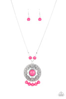 Paparazzi Santa Fe Garden - Pink Stone - Silver Pendant - Necklace and matching Earrings