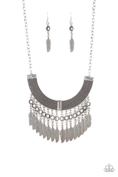 Paparazzi Fierce in Feathers - Silver - Feather Charms Dangle - Necklace & Earrings