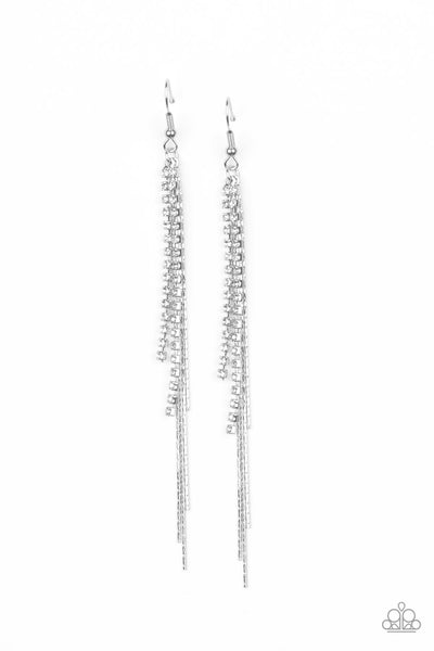 Paparazzi REIGN Check - White - Rhinestones - Silver Chains - Earrings