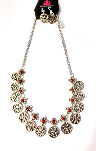 Paparazzi Mandala Movement Silver Red Necklace and matching Earrings