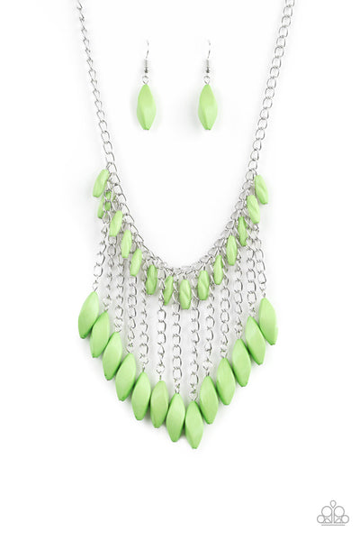 Paparazzi Venturous Vibes – Green Faceted Bead Silver Necklace with matching earrings