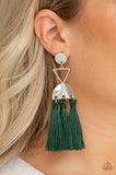 Paparazzi Tassel Trippin - Green - Thread / Fringe / Tassel - Silver Disc - Post Earrings - The Jewelry Box Collection 
