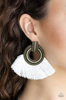 Paparazzi I Am Spartacus - Brass - White Thread / Fringe / Tassel - Earrings - The Jewelry Box Collection 