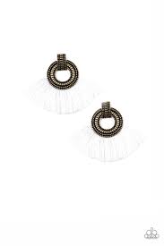 Paparazzi I Am Spartacus - Brass - White Thread / Fringe / Tassel - Earrings - The Jewelry Box Collection 