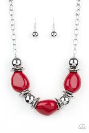 Paparazzi Vivid Vibes - Red  Beads - Silver Necklace and matching Earrings