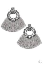 Paparazzi I Am Spartacus - Silver - Gray Thread / Fringe / Tassel - Post Earrings - The Jewelry Box Collection 