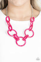 Paparazzi Turn Up The Heat - Pink Acrylic - Silver Chain Necklace and matching Earrings
