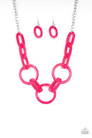 Paparazzi Turn Up The Heat - Pink Acrylic - Silver Chain Necklace and matching Earrings