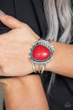 Paparazzi Natures Bounty - Red Stone - Antiqued Silver Feather - Cuff Bracelet