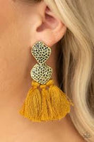 Paparazzi Tenacious Tassel - Yellow - Thread / Tassel / Fringe - Hammered Brass - Earrings - The Jewelry Box Collection 