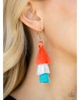 Paparazzi Hold On To Your Tassel! - Orange / Coral - White and Blue Thread, Tassel, Fringe Earrings - The Jewelry Box Collection 