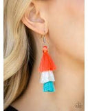 Paparazzi Hold On To Your Tassel! - Orange / Coral - White and Blue Thread, Tassel, Fringe Earrings - The Jewelry Box Collection 