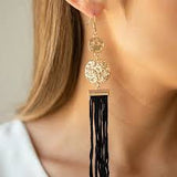Paparazzi Lotus Gardens - Gold - Black Cording / Thread / Tassel Streams - Hammered Gold Discs - Earrings - The Jewelry Box Collection 