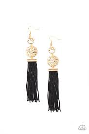 Paparazzi Lotus Gardens - Gold - Black Cording / Thread / Tassel Streams - Hammered Gold Discs - Earrings - The Jewelry Box Collection 