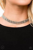Paparazzi Full REIGN - Silver - White Rhinestones - Box Chain - Choker Necklace and matching Earrings
