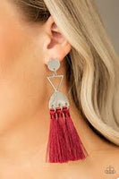 Paparazzi Tassel Trippin - Red - Thread / Fringe / Tassel - Silver Disc - Post Earrings - The Jewelry Box Collection 
