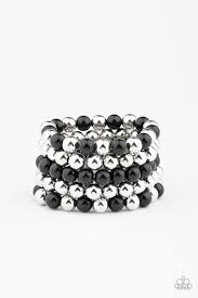 Paparazzi Pop-YOU-lar Culture - Black Beads - Shiny Silver - Set of 5 Bracelets