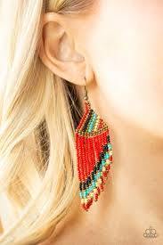 Paparazzi Bodaciously Bohemian - Red - Black, Brass, Blue and Golden White Seed Beads Earrings - The Jewelry Box Collection 